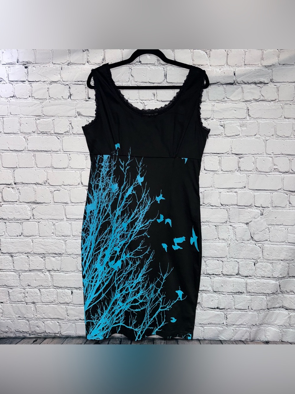 Y2K Too Fast Black Sleeveless Dress Lace Trim Blue Tree Birds Silhouette Print L